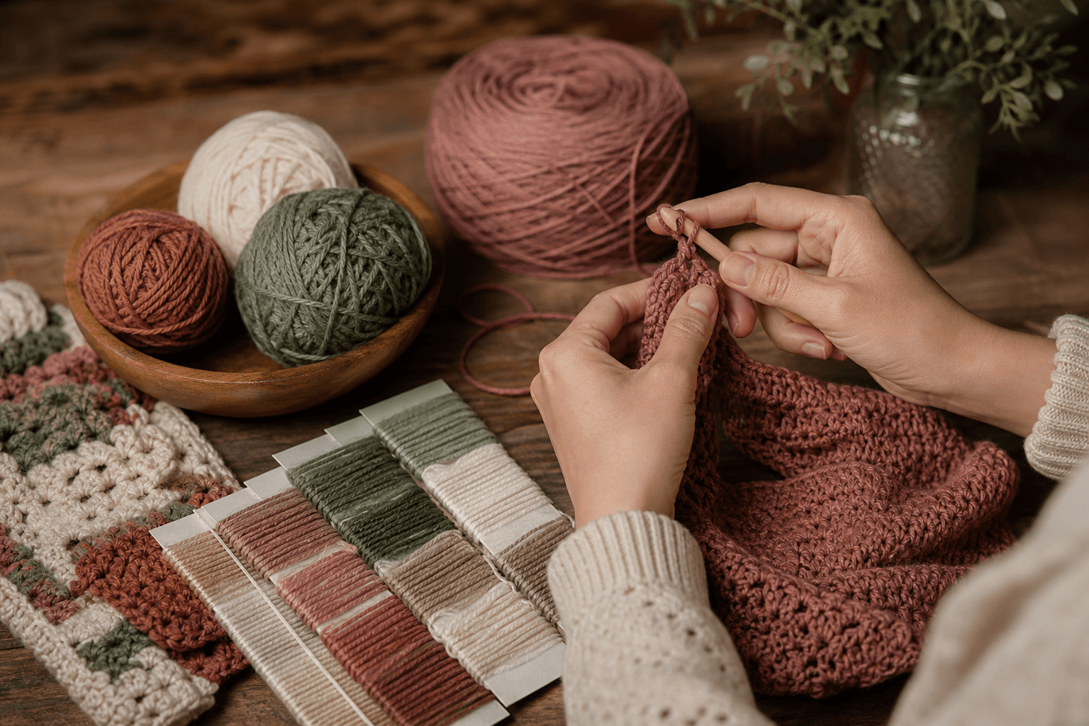 Mãos crochetando uma peça artesanal no atelier da Cely Crocheteira